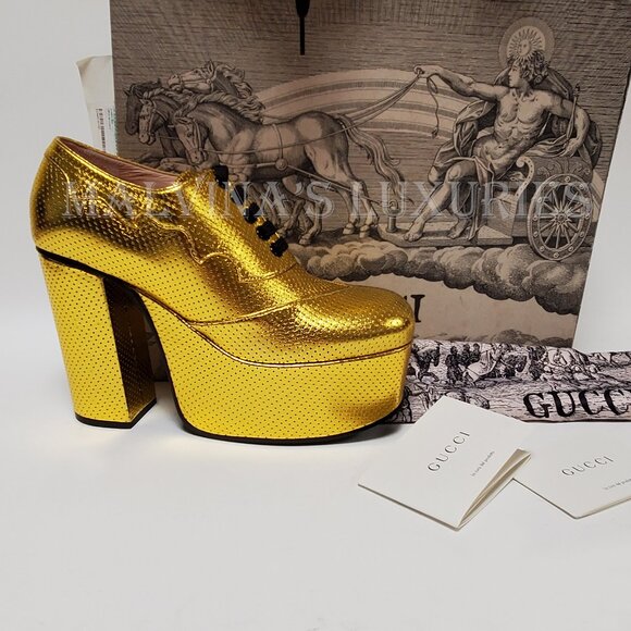 GUCCI SHOES OTIS GOLD LEATHER PLATFORM LACE UP PUMPS sz 39.5 9.5 US - Picture 14 of 15